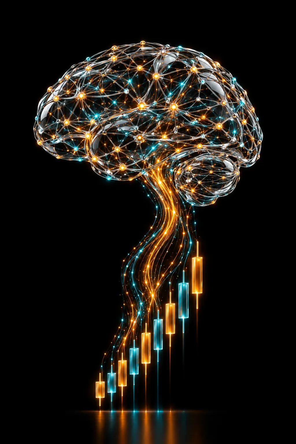 A chrome neural network brain streaming data into candlestick bars
